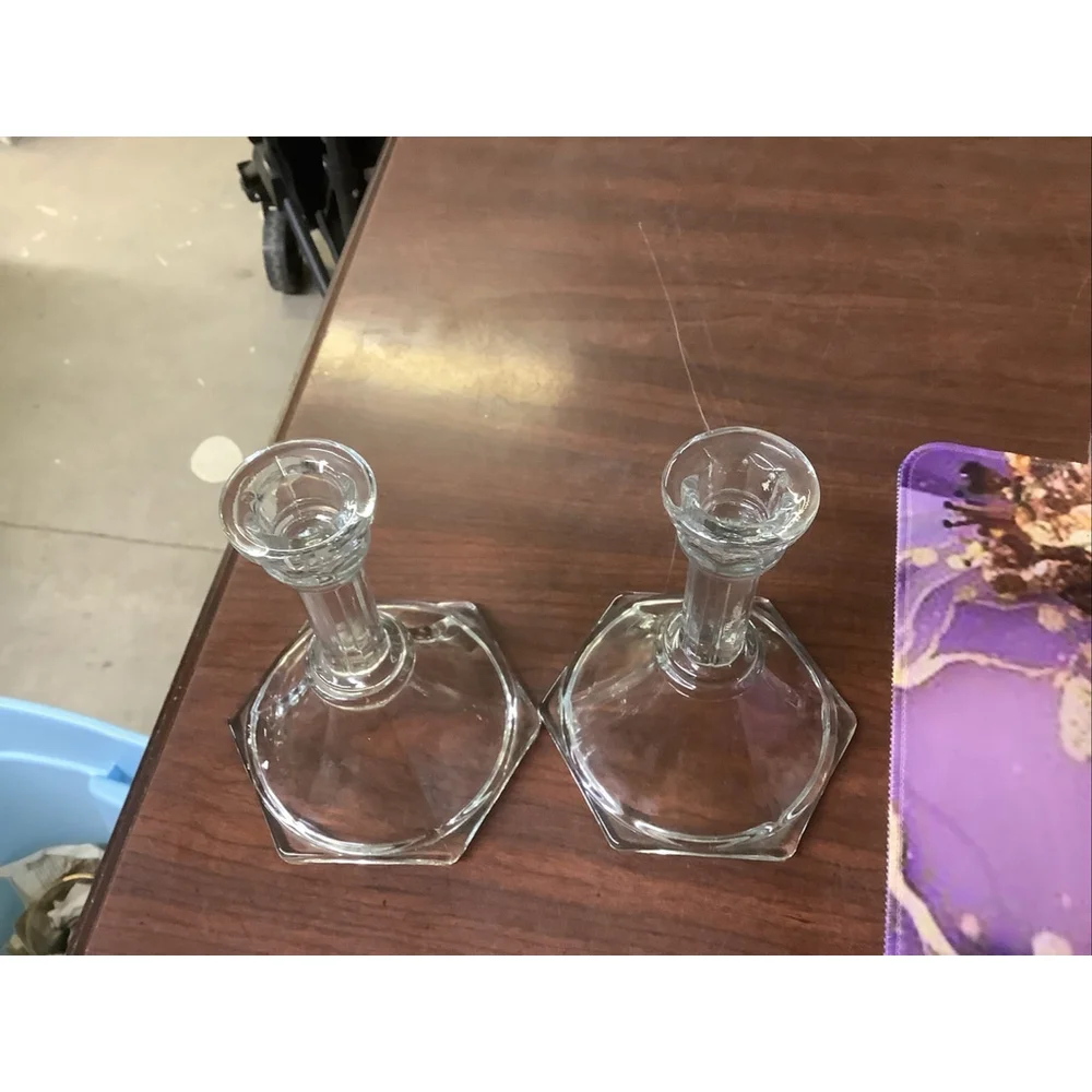 Pair Homco USA Crystal Clear Glass Taper Candle Holder Candlestick Vintage 6”